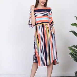 egs by éloges Orange & Navy Stripe Tiered Ruffle-Sleeve A-Line Dress
